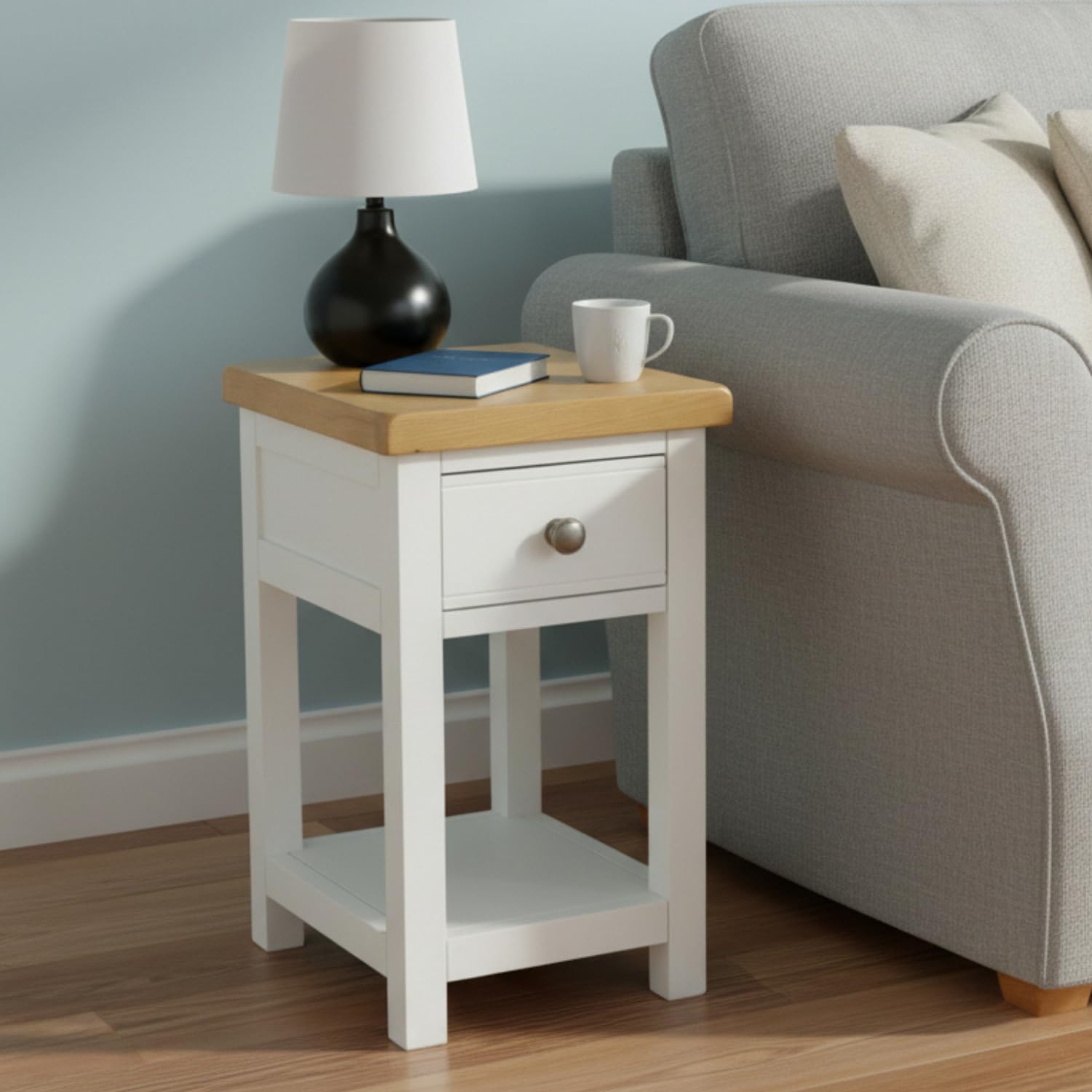 GROF GROFurniture Solid Wood Side Table Painted White End Table for Livingroom Sofa Table or Oak Top Bedside Table for Bedroom 1 Drawer Bedside Cabinet Ready Assembled
