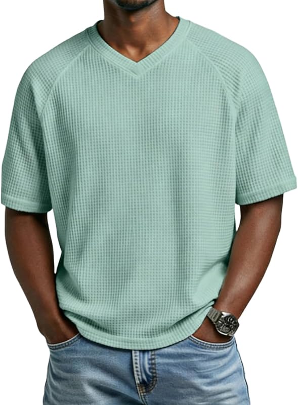 T-Shirts à Manches Courtes Homme Gaufre Chemise Uni Décontracté- Col en V - Confortable et Respirant- Classique - Solide - T-Shirt Tendance pour Homme