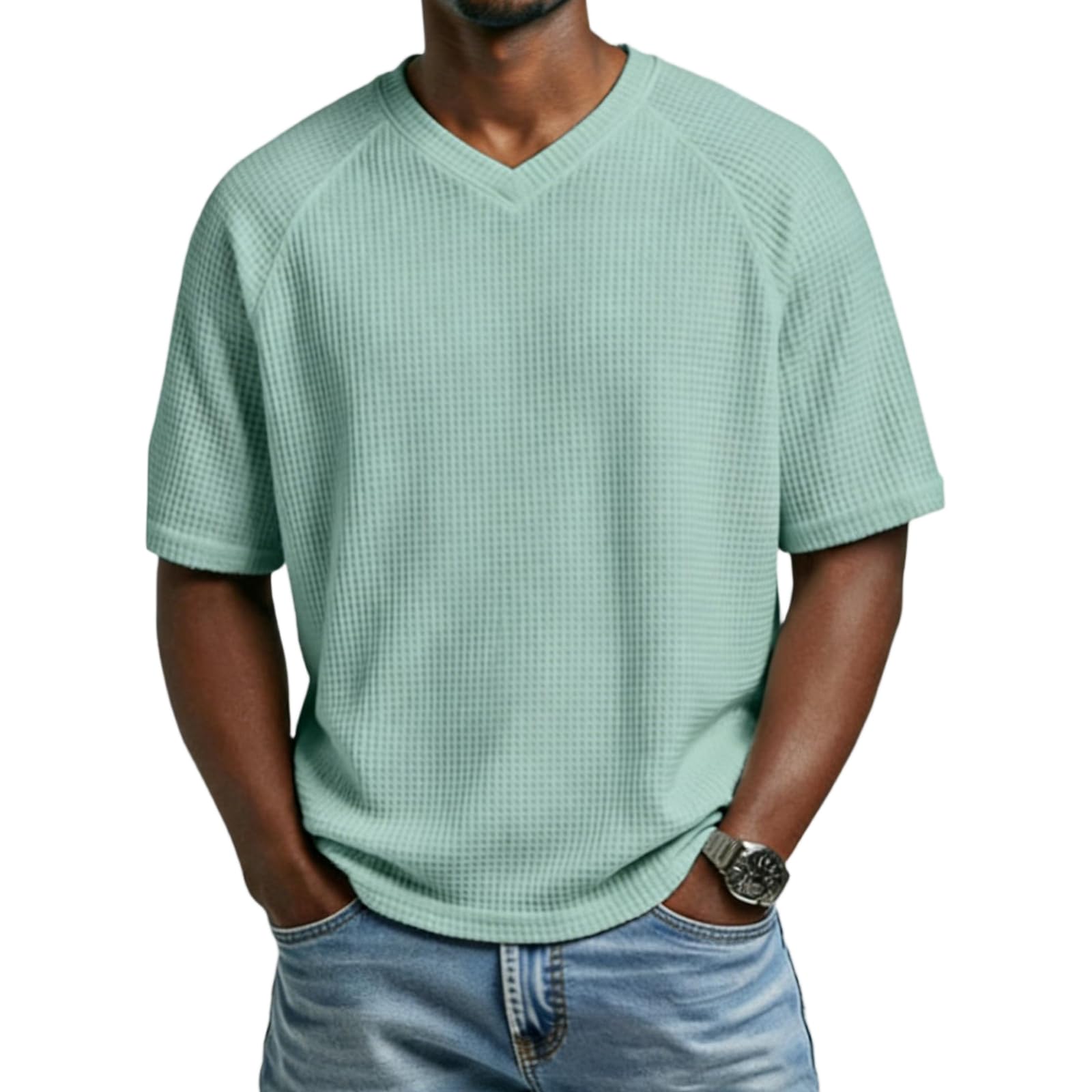 T-Shirts à Manches Courtes Homme Gaufre Chemise Uni Décontracté- Col en V - Confortable et Respirant- Classique - Solide - T-Shirt Tendance pour Homme - 1