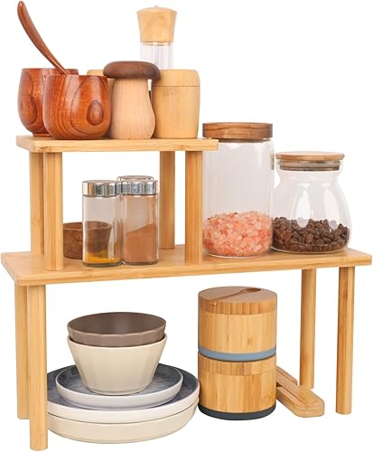 Organizador de estantes de cocina, estantes elevadores, apilables, ampliables para exhibición de especias, platos, tazas (paquete de 3, S, M y L,