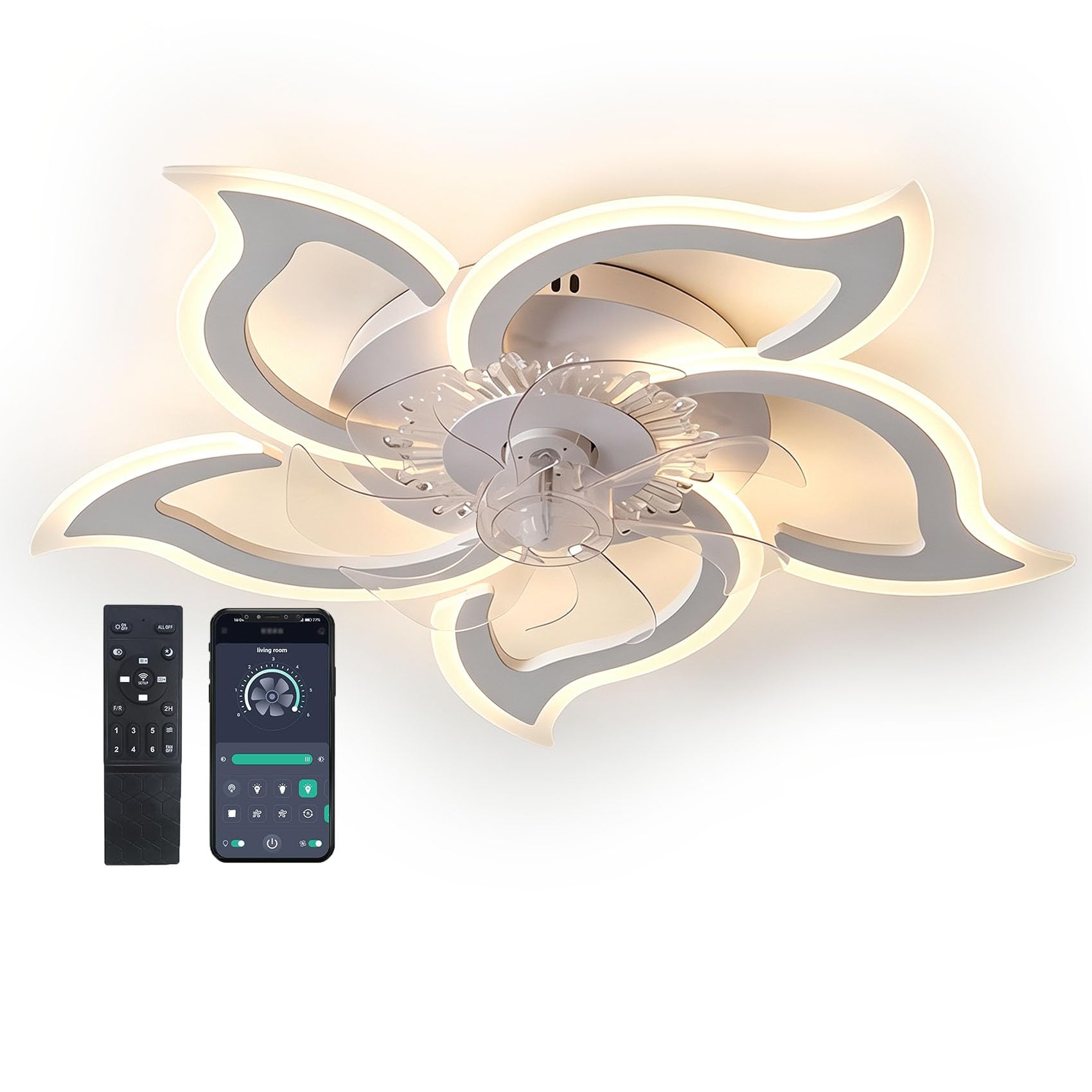 Ventilatore da Soffitto con Luce telecomando Dimmerabile LED Plafoniera Lampadario con Ventilatore 6 Velocità/Reversibili Per Soggiorno Camera da letto Ristorante Cucina(White,5 lights)