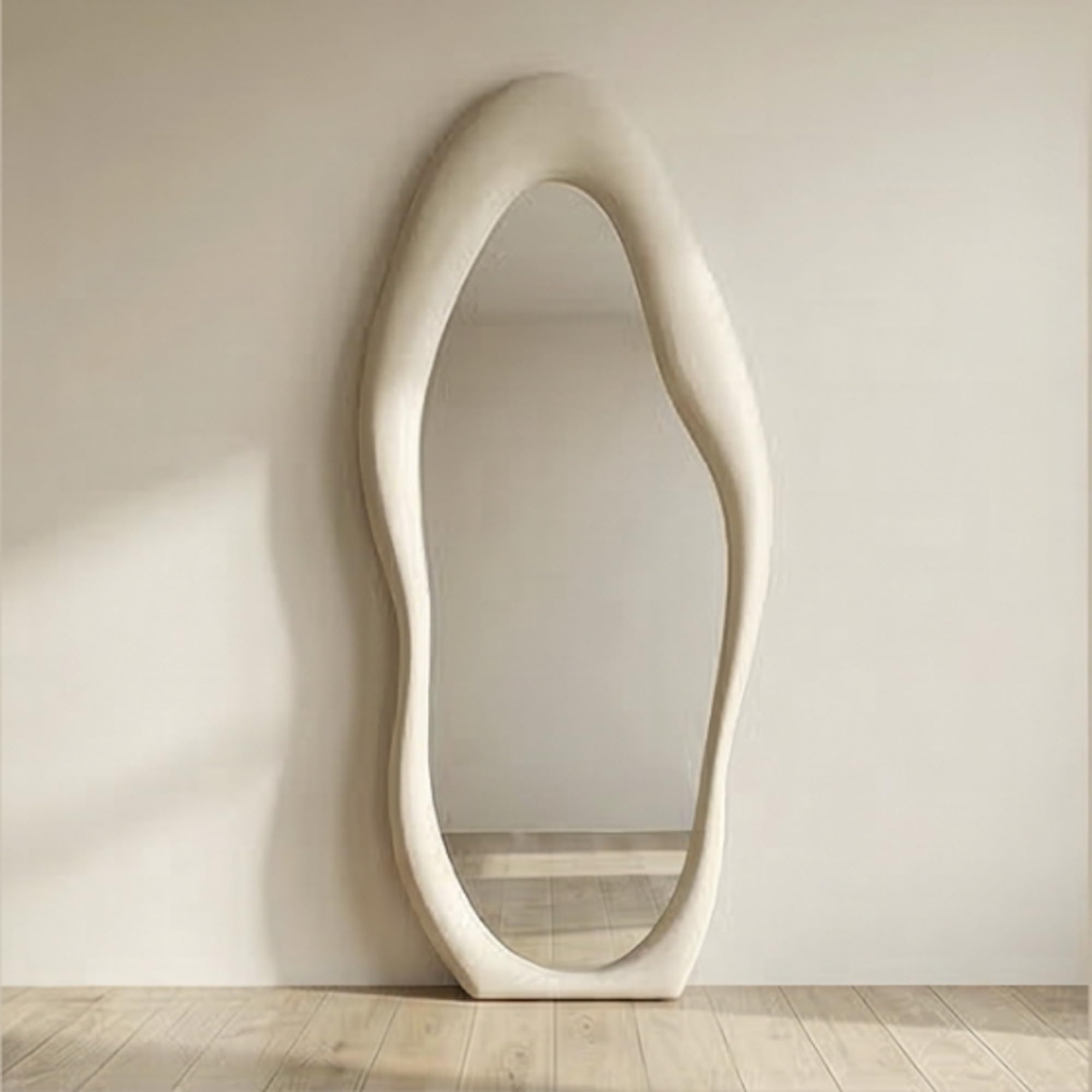 The Artment Fluid Reflection Unbreakable Full-Length Asymmetrical Shape Mirror with Plush Velvet Beige Color Frame, Floor-Standing or wall-Leaning Design for Bedroom & Dressing Area (170 X 70 CM)-image-46