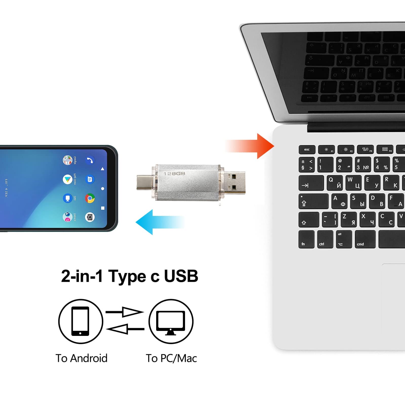 Clé USB C 128GB 2-en-1 Dual Connector OTG Type C Metal Flash Argent
