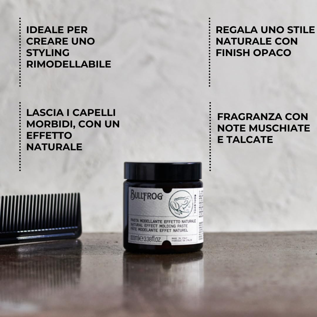 Bullfrog Pasta Modellante Effetto Naturale 100ml - Look Naturale e Rimodellabile con Finish Opaco - Dona Ordine e Volume - Note Muschiate e Talcate - Texture Leggera e Opaca - Made in Italy