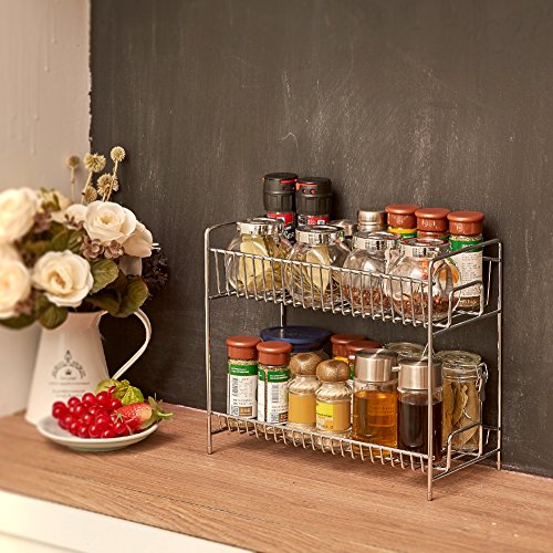 Ezoware 2-Tier Standing Spice Seasoning Rack, Jars Bottles Cans Storage Organizer Holder Shelf For Kitchen Pantry Bathroom Countertop - Chrome #TOP3