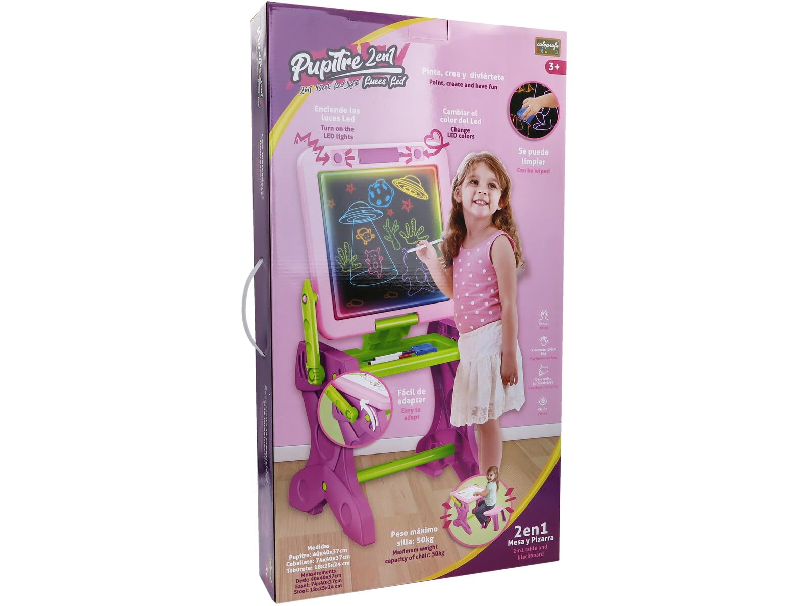 Pupitre Rosa 2 en 1 con Luz LED y Taburete