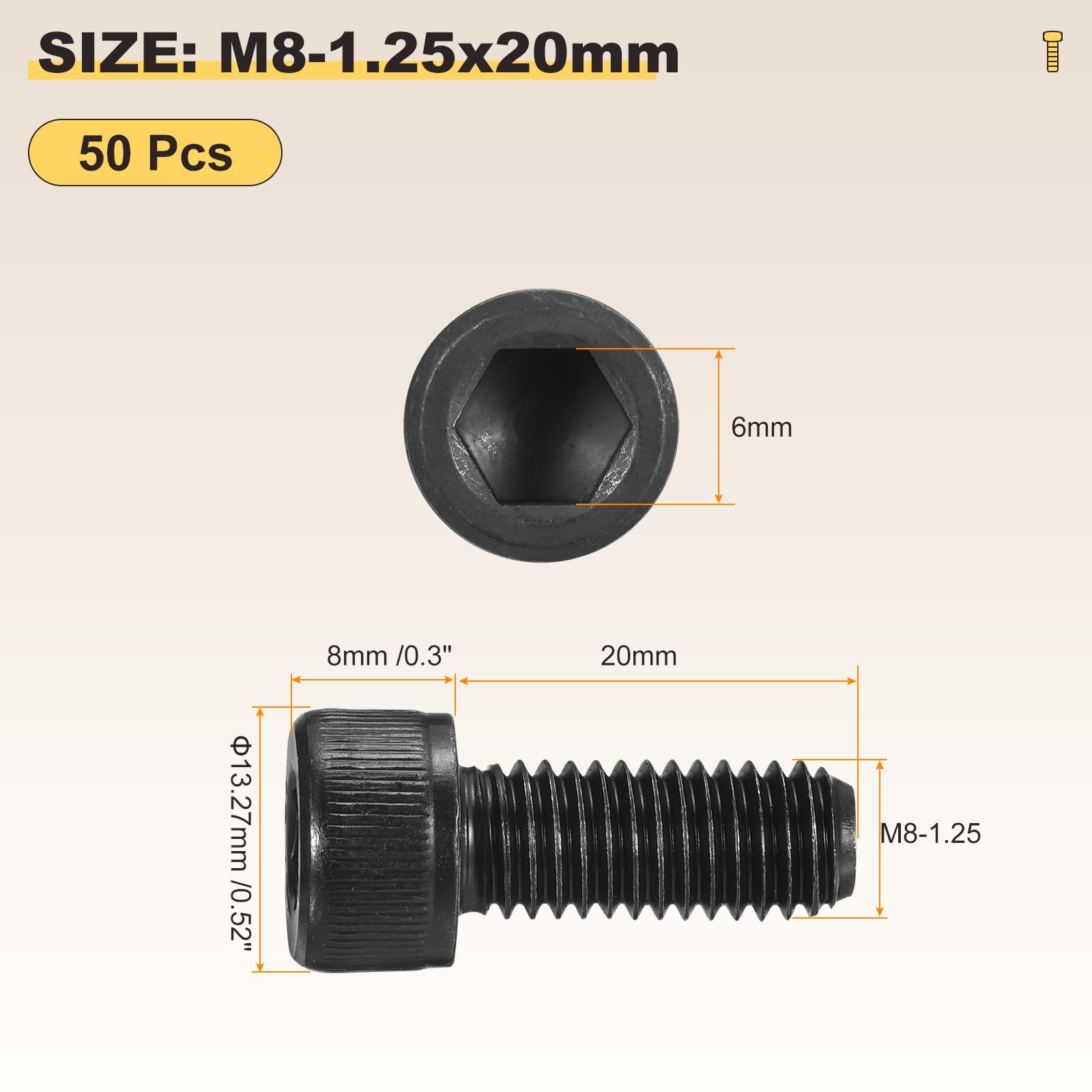 METALLIXITY Socket Head Cap Screws(M8-1.25x20mm)50Pcs, Carbon Steel Allen Socket Drive DIN912/ISO4762 Metric Oxide - Image 2