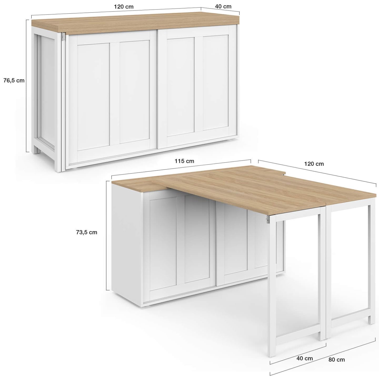 IDMarket - Ausziehbares Sideboard, 120 cm, 2 Schiebetüren, mit drehbarem und klappbarem Esstisch Jango für 2 bis 4 Personen, weiß und HOL