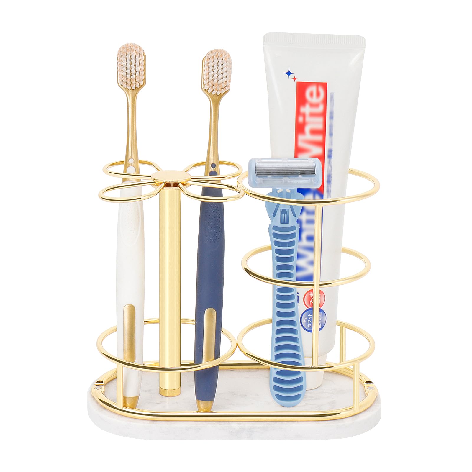 Toothbrush Holder Stand for Bathroom, Metal Toothbrush Organizer with Marble Base, Toothbrush Storage Collection for Family, Suitable for Home Hotel Countertop Vanity (Medium, Gold)