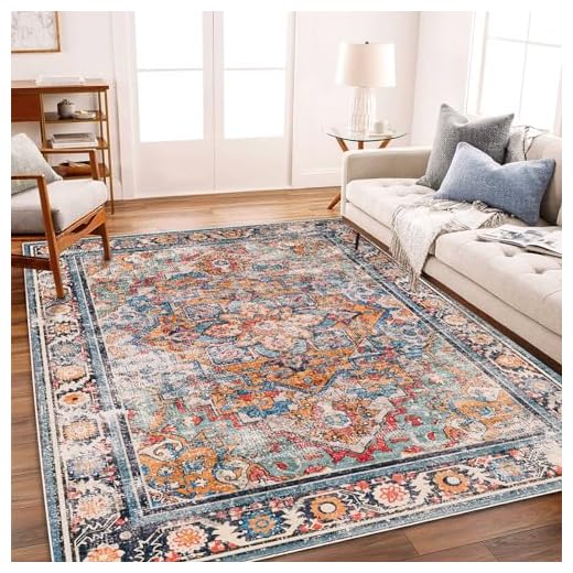 CHAMPLANT Washable Area Rug 8'x10' Boho Chic Medallion Distressed Design Non-Shedding Easy Care Ideal for High Traffic Areas in Living Room Bedroom Office Coffee Table Large Carpet