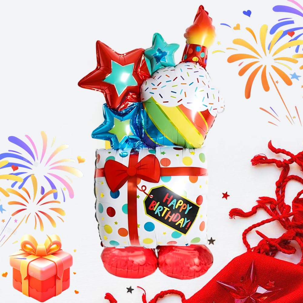Happy Birthday Balloons, Happy Birthday Decorations, Foil Balloons - HSC Large Self-Standing Helium Balloon with Cake and Gift Design for Party Celebrations