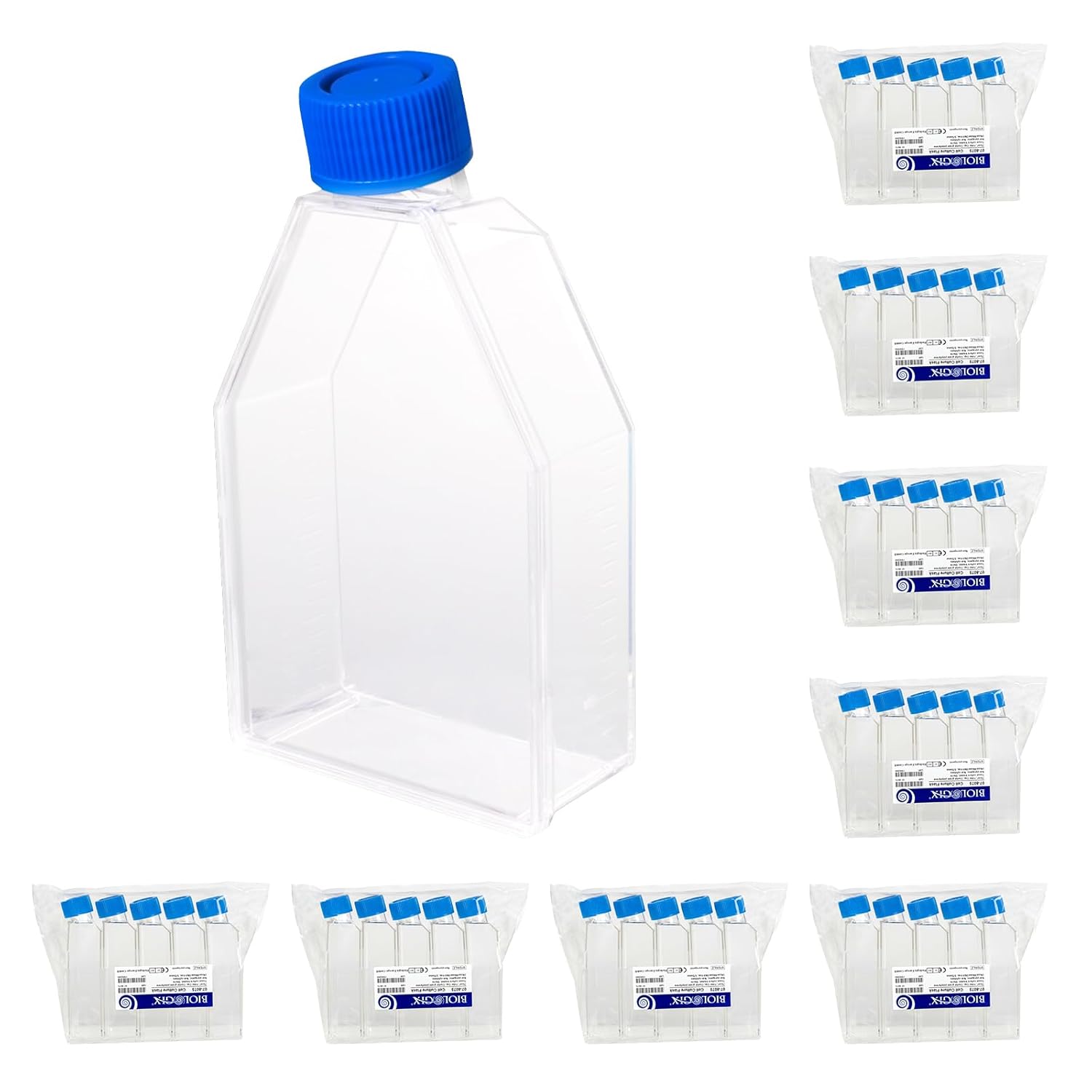 Cell Culture Flasks, Sterile Plastic Tissue Culture Bottle with Plug Cap, 75cm² Culture Area, TC Treated, 25ml Working Volume, 250ml Total Volume, Pack of 40