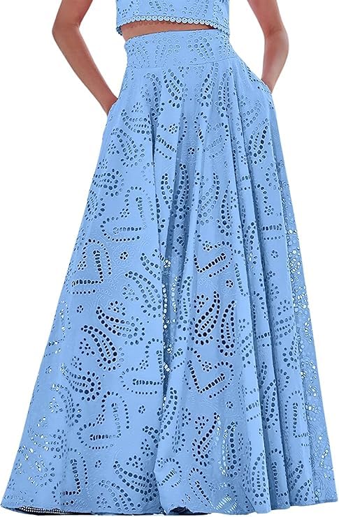utcoco Womens 2025 Summer Eyelet Lace Embroidered Boho Skirt Hollow Out Smocked Waist Maxi Skirt with Pockets