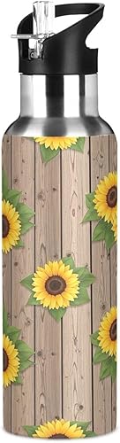 Miniatura 8 de Sunflowers Rustic Wooden Insulated Water Bottle 20 Oz Leakproof Water Bottles, BPA-Free Sports Water Bottle with Straw