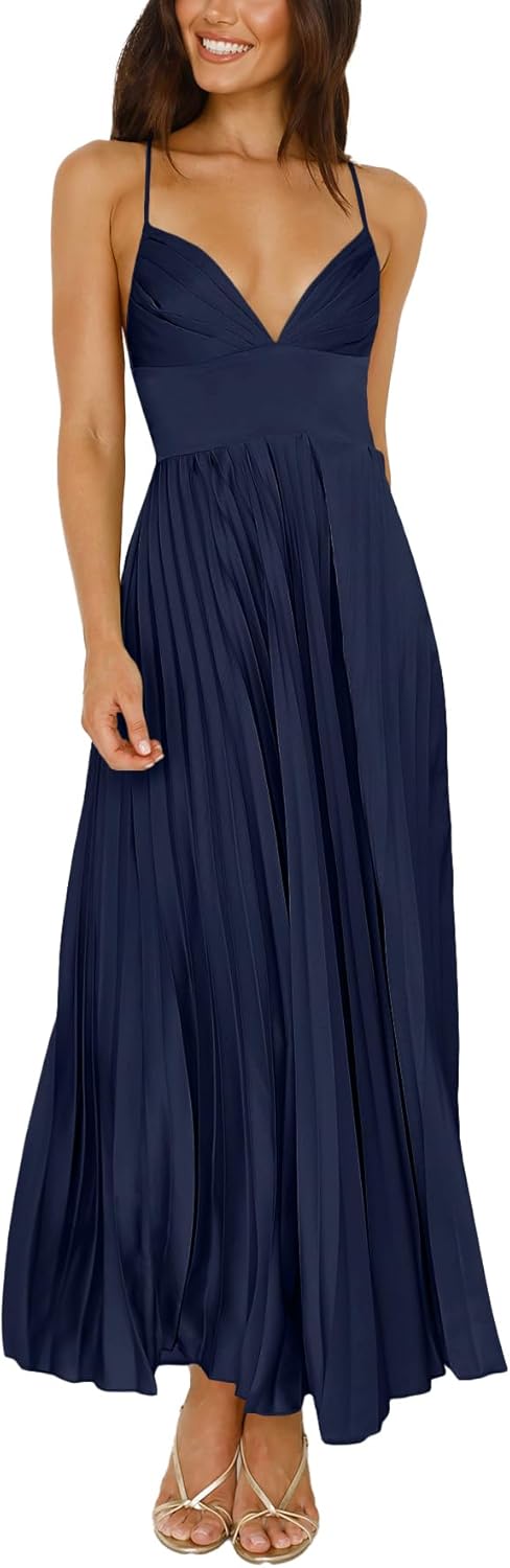 Women's Pleated Satin Bridesmaid Dresses V-Neck Crisscross Back Prom Dress Long Formal Party Dress - Image 6