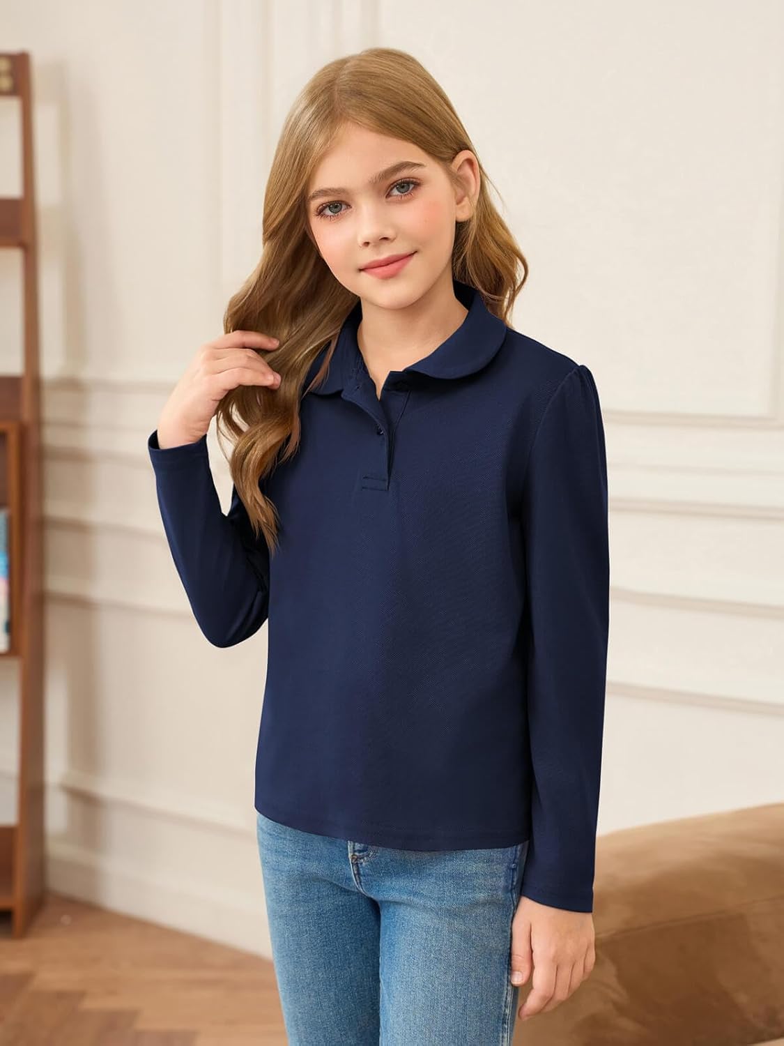 Haloumoning Girls Long Sleeve Polo Shirts Kids Peter Pan Collar School Uniform Shirts Cute Tops 5-14Y - Image 4