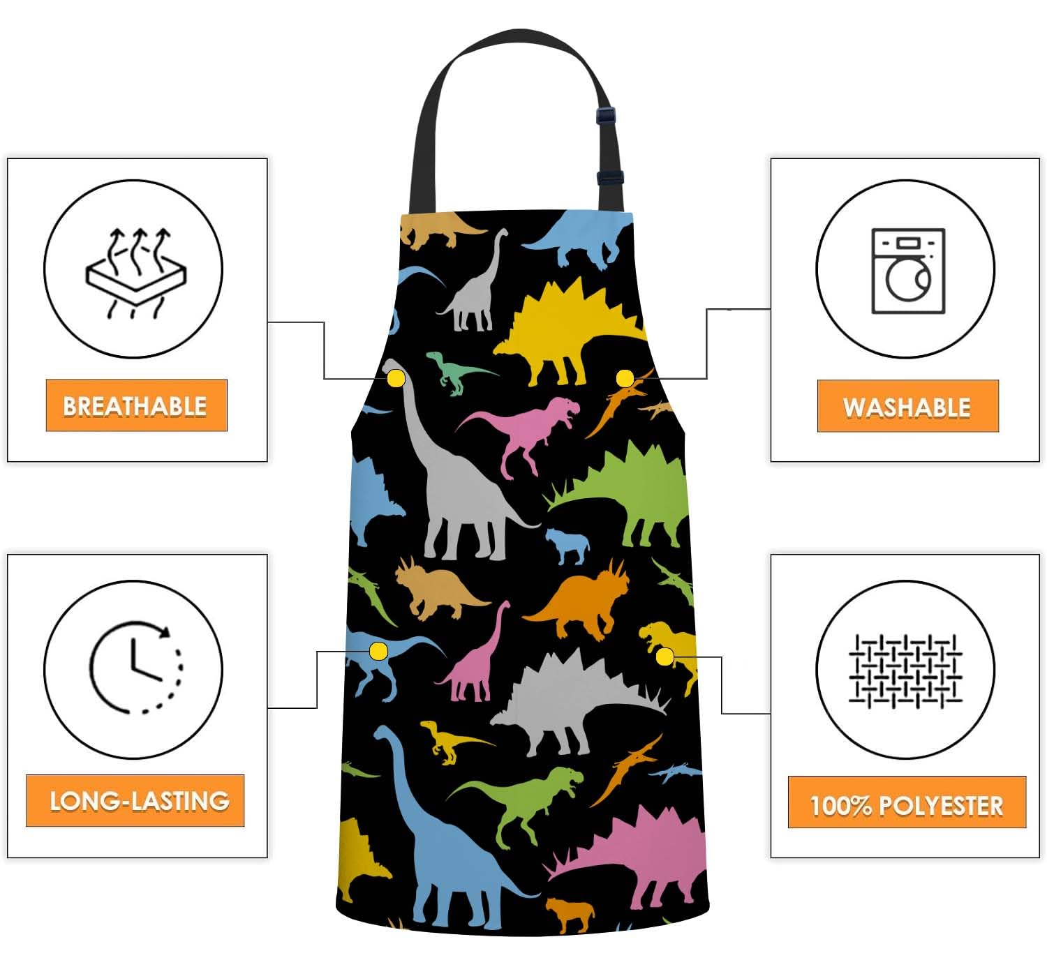 Smooffly Colorful Dinosaur Apron - Unisex Adjustable Bib Apron for Home Kitchen, Restaurant, Coffee House - Image 4