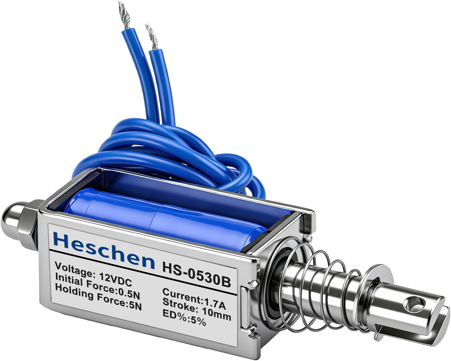 Heschen DC Solenoid Electromagnet, Push Pull Type, HS-0530B, DC12V 1.7A, 10mm Stroke, Initial Force 0.5N, Max Keep Force 5N, Open Frame, Linear Motion