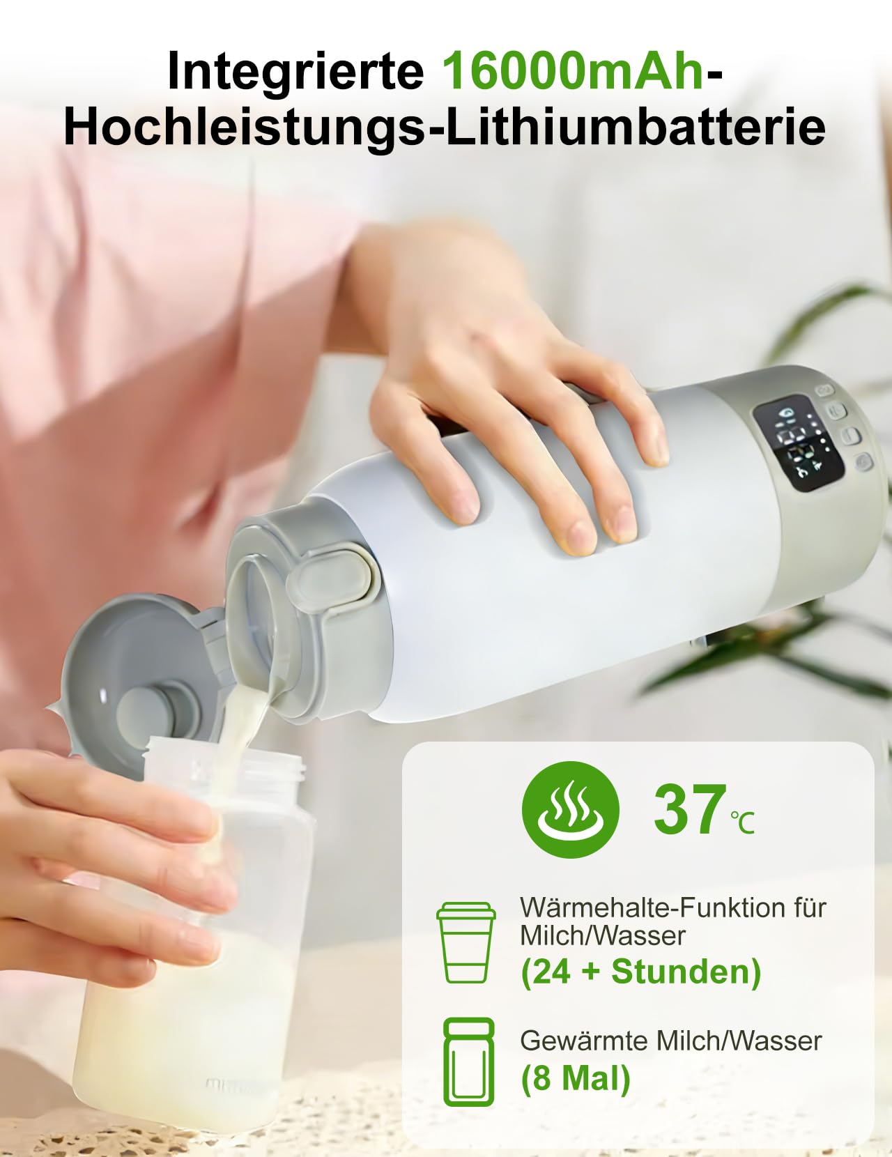 Tragbarer Flaschenwärmer, 500ml Babyflaschenwärmer Flaschenwärmer | Baby Unterwegs 32-37 °C konstante Temperatur Einstellbar mit LED-Anzeige für Reisen Nachtfütterung
