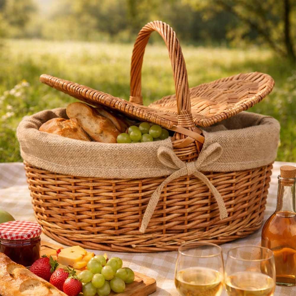 Cesto Picnic in Vimini e Juta con Coperchio e Manico 50x32 h42 cm — Cestino da Pic Nic per 2-4 Persone, Raccolta Funghi, Idea Regalo