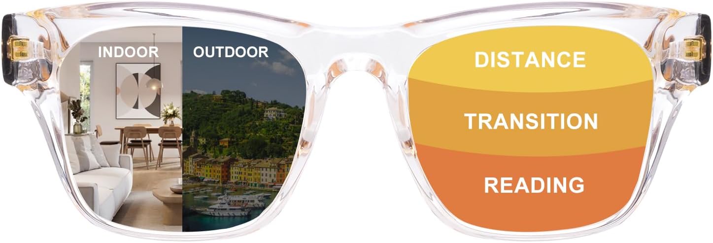 Photochromic Progressive Reading Glasses for Women Men, Transition Multifocal No-Line Computer Readers, Spring Hinge