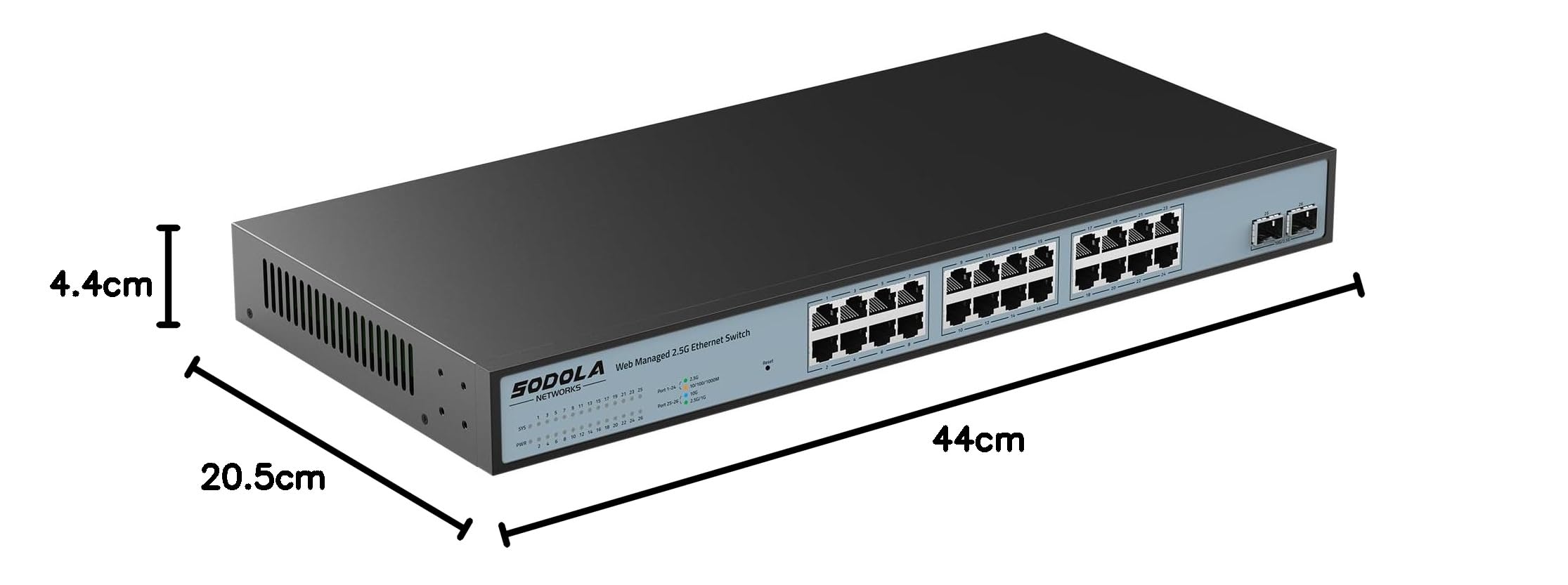 SODOLA Switch gestito da 24 porte, 2,5 Gbit, 24 porte Base-T da 2,5 G, 2 x 10 G SFP+, Link Aggregation/QoS/VLAN/IGMP,Switch di rete 2,5 G montato 1U
