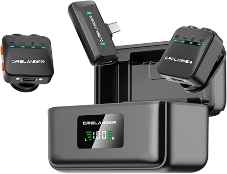 Crelander 3 in 1 Professional Mini Wireless Microphone for iPhone/Android/Camera, Bluetooth Lavalier Mic Crystal Clear Sound Quality for Recording, Live Streaming, Microphone Clips All 2