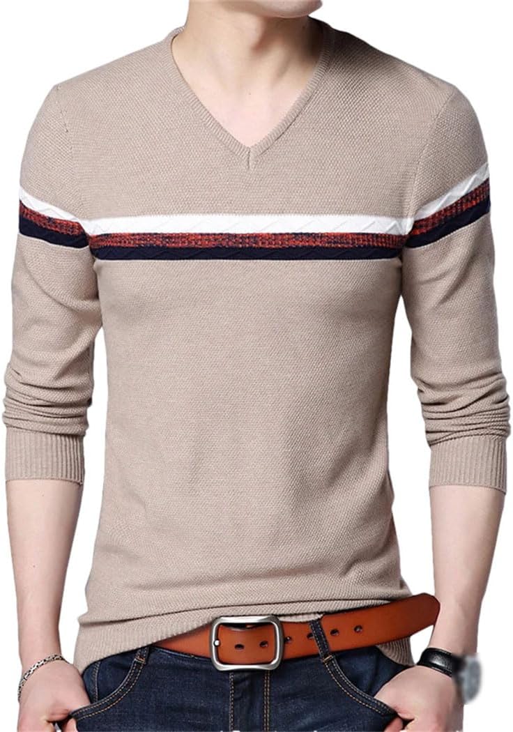 Men's Autumn V-Neck Sweaters Long Sleeve Slim Striped Knitted Pullovers Soft Warm Sweatshirts