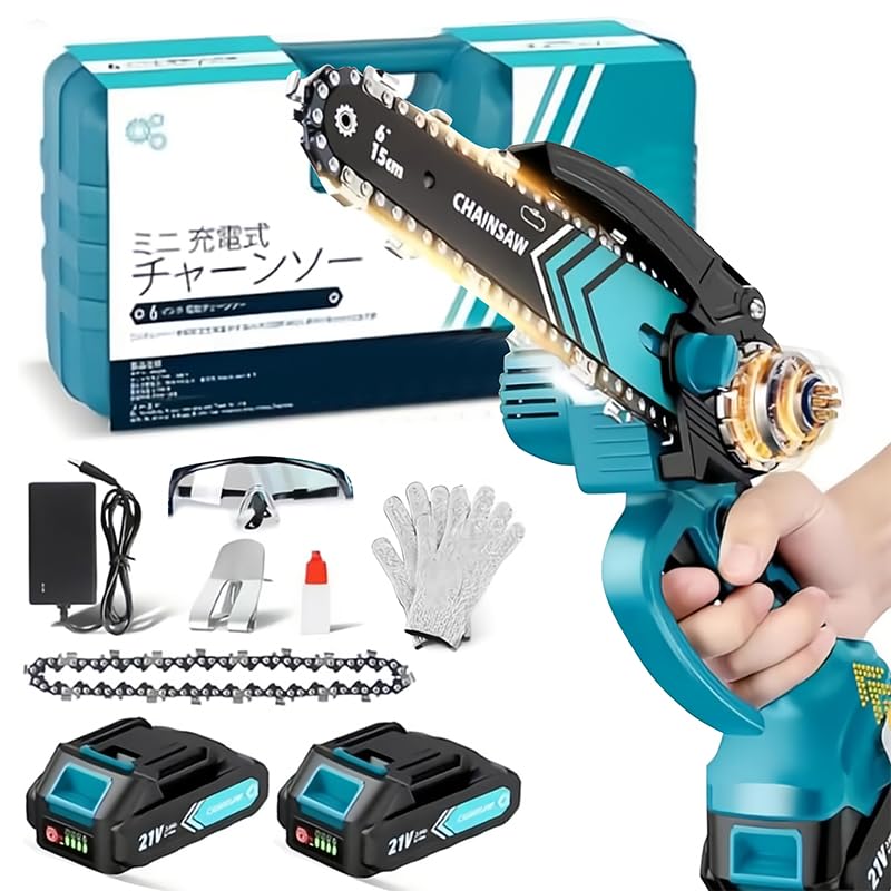 【40%OFF】【3,599円】 立高服装 充電式 6インチ 12m/sブラシレスモーター 電動チェーンソー バッテリー2個付属 【送料無料】