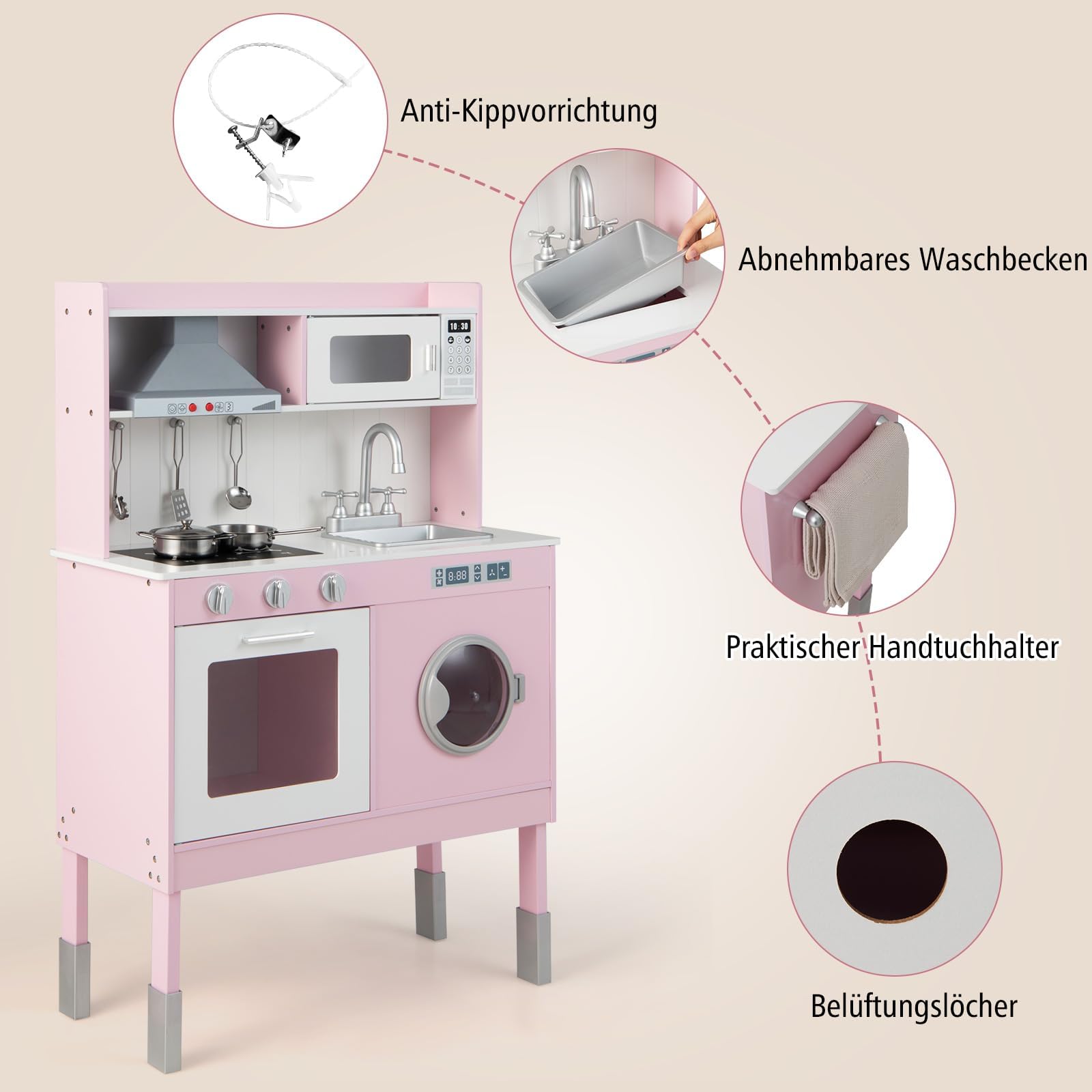 FANTASK Kinderküche mit Spielzubehör, Spielküche aus Holz inkl. Dunstabzugshaube & Waschmaschine & echten Geräuschen & Lichtern, Koch Spielset für Kinder ab 3 Jahren, Rosa (71 x 29 x 101 cm)