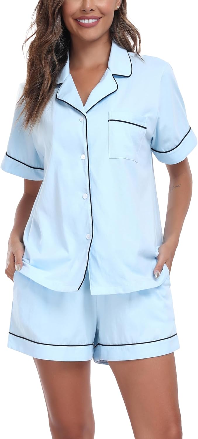COLORFULLEAF Womens 100% Cotton Pajamas Set Short Sleeve Sleepwear Button Down Pjs Soft 2 Piece Lounge Set with Pockets S-XXL - Image 6