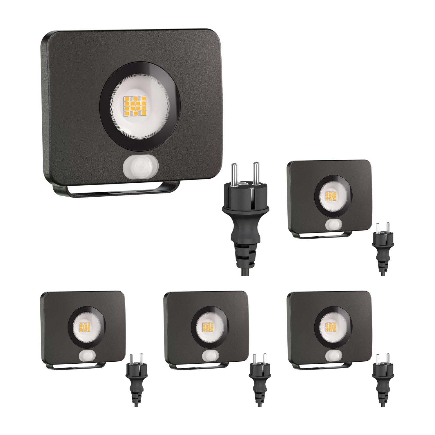 ledscom.de 5 focos LED para jardín WEGA para exterior, IP44, sensor de movimiento, enchufe, negro, 11,9 W, 880 lm, blanco