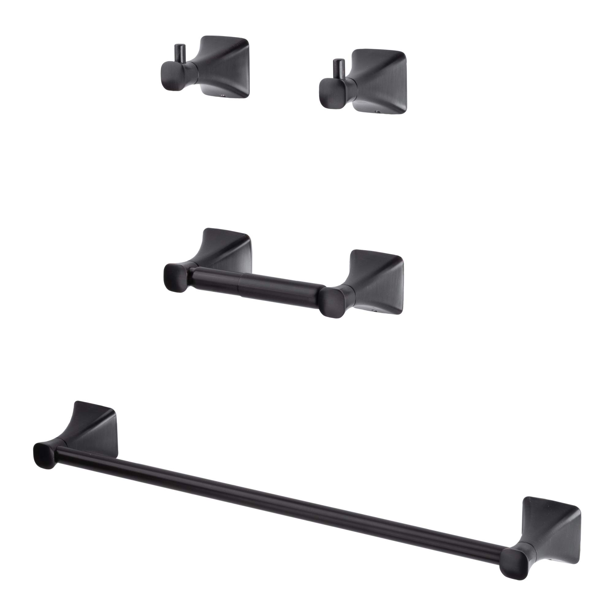 VETTA 4 Piece Soft Square Bathroom Hardware Kit - Includes 18" Towel Bar, Toilet Paper Holder, and Robe Hooks, Wall Mounted Stainless Steel Bathware Accessory Set, Oil Rubbed Bronze Finish
