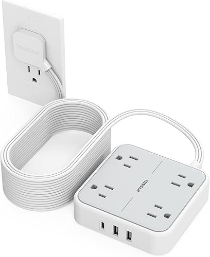 Vista 47 de TESSAN - Regleta protectora contra sobretensiones, enchufe plano, cable extensión ultradelgado 5 ft, 3 puertos USB (1 USB C), 4 tomas corriente