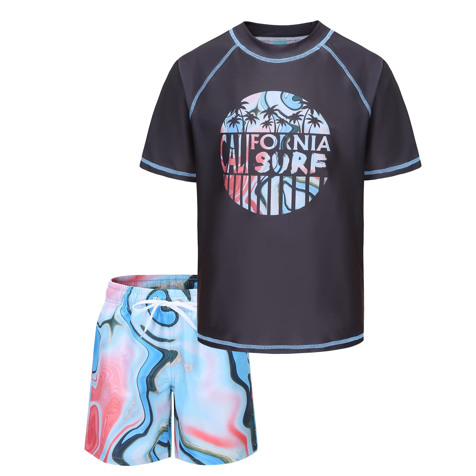 Boys Rash Guard Swimsuits Set for Boys Short Sleeve Swim Shirts with Trunks 2 Piece Quick Dry Swim Set