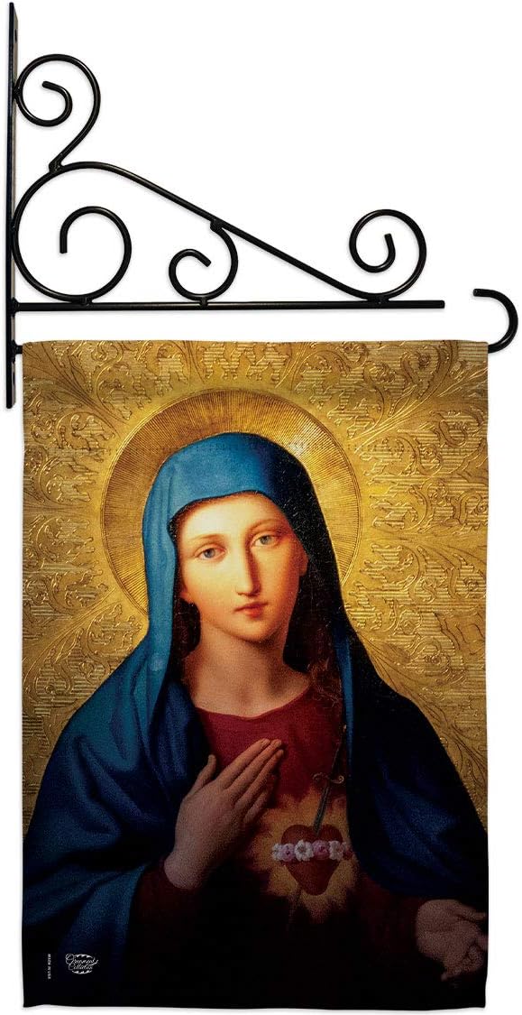 Sacred Heart of Mary Garden Flag Set Wall Holder Religious Faith Hope Grace Peace Dove Christian Religion Easter Small Decorative Gift Yard House Banner Made In USA 13 X 18.5
