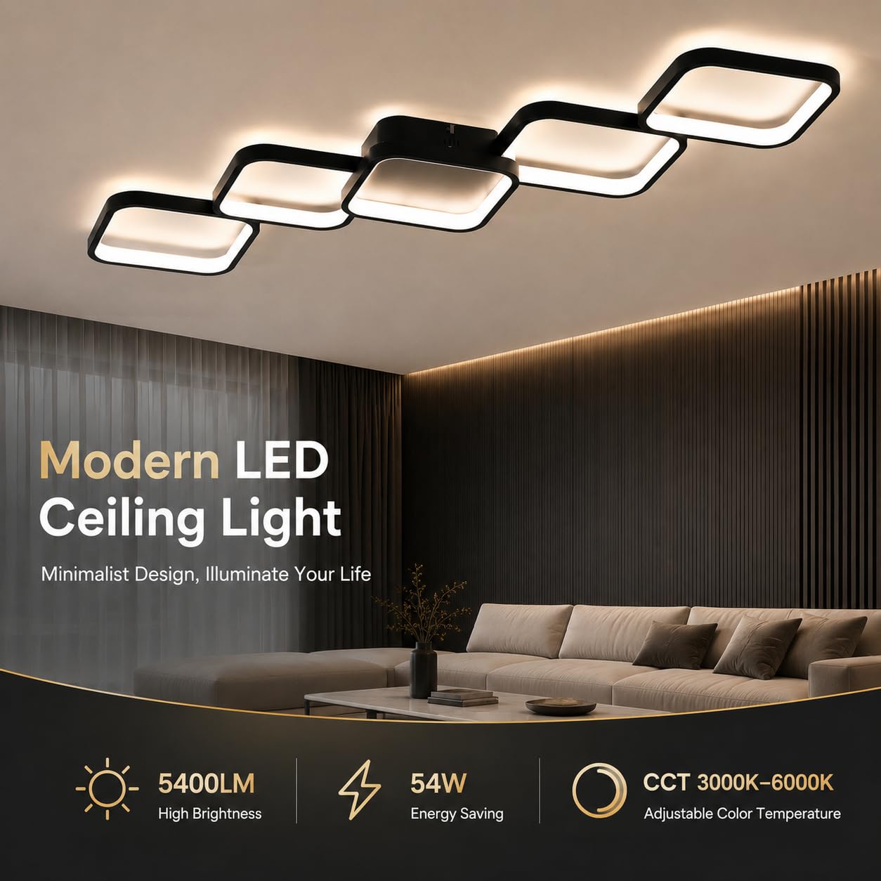 Plafoniera LED Dimmerabile 54W 5400LM con Telecomando/APP, Lampada da Soffitto Moderna 106x30cm con Funzione Memoria e Luce Notturna, Luce LED per Soggiorno, Camera da Letto, Cucina, Sala da Pranzo