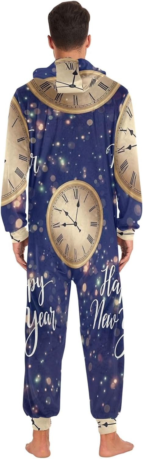 Happy New Year Blue Hooded One-Piece Pajamas, Soft Onesie for Adult Men Women