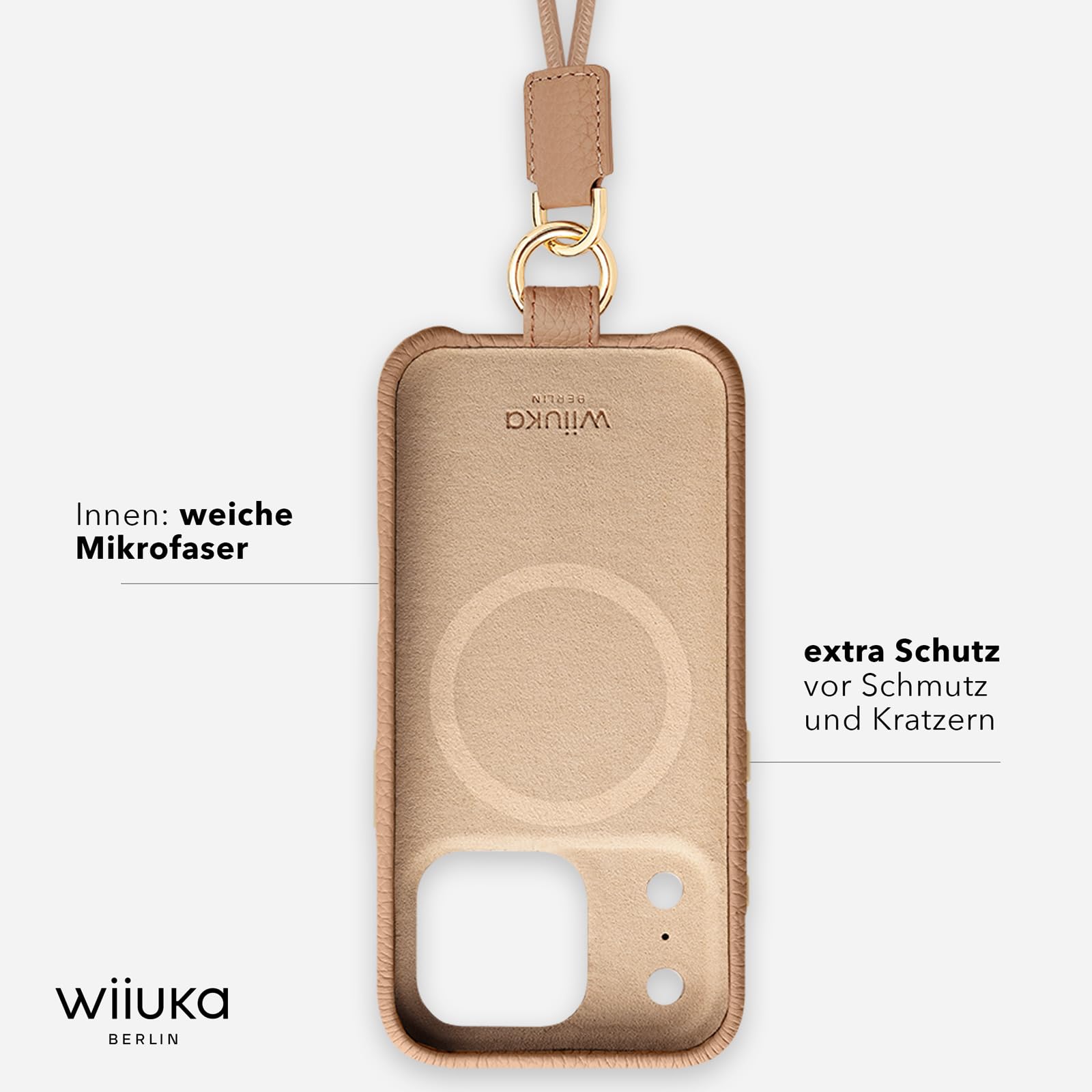 WIIUKA Funda para iPhone 17 Pro Max, piel de Alemania, funda de piel para teléfono móvil, funda para teléfono móvil, funda para teléfono móvil, funda de cadena, correa de cuello, lazo de esquí, marrón