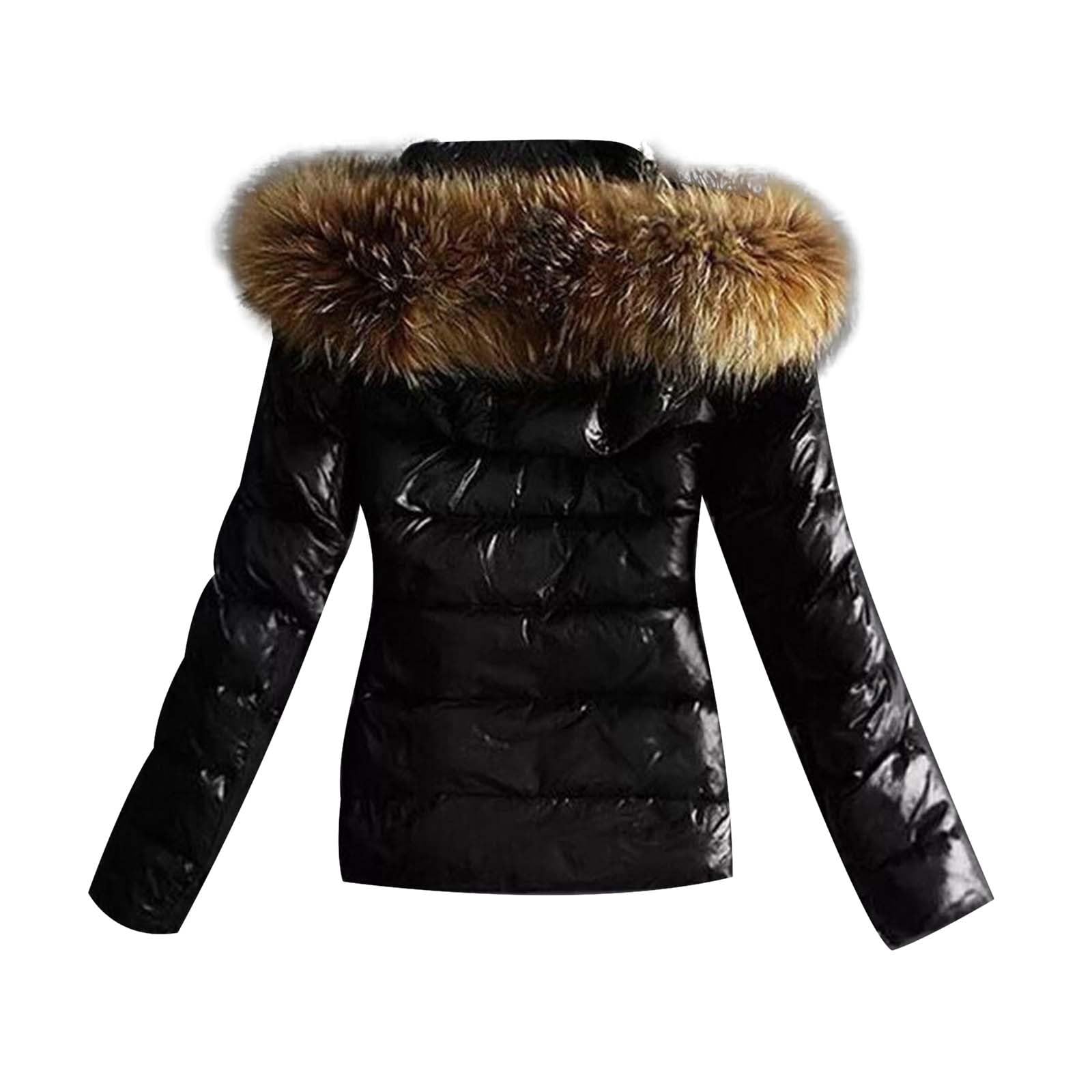Manteau D'hiver - Doudoune Brillante pour Femme - Veste d'hiver Courte - Veste Matelassée - Vêtement D'extérieur pour Femme - Manteau D'hiver en Duvet avec col en Fausse Fourrure