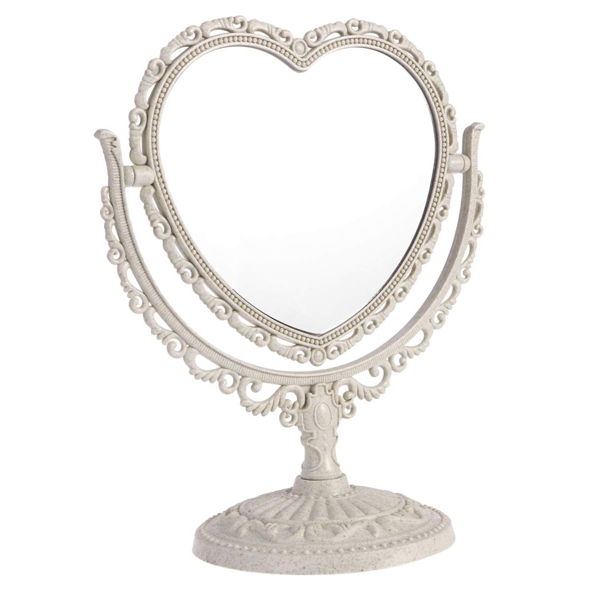 Lurrose Vintage Desktop Makeup Mirror,Double-Sided Tabletop Vanity Mirror Rotatable Cosmetic Mirror Dressing Mirror with Embossed Hollow Flowerfor Bedroom Bathroom (Heart Shape, Beige)-image-49