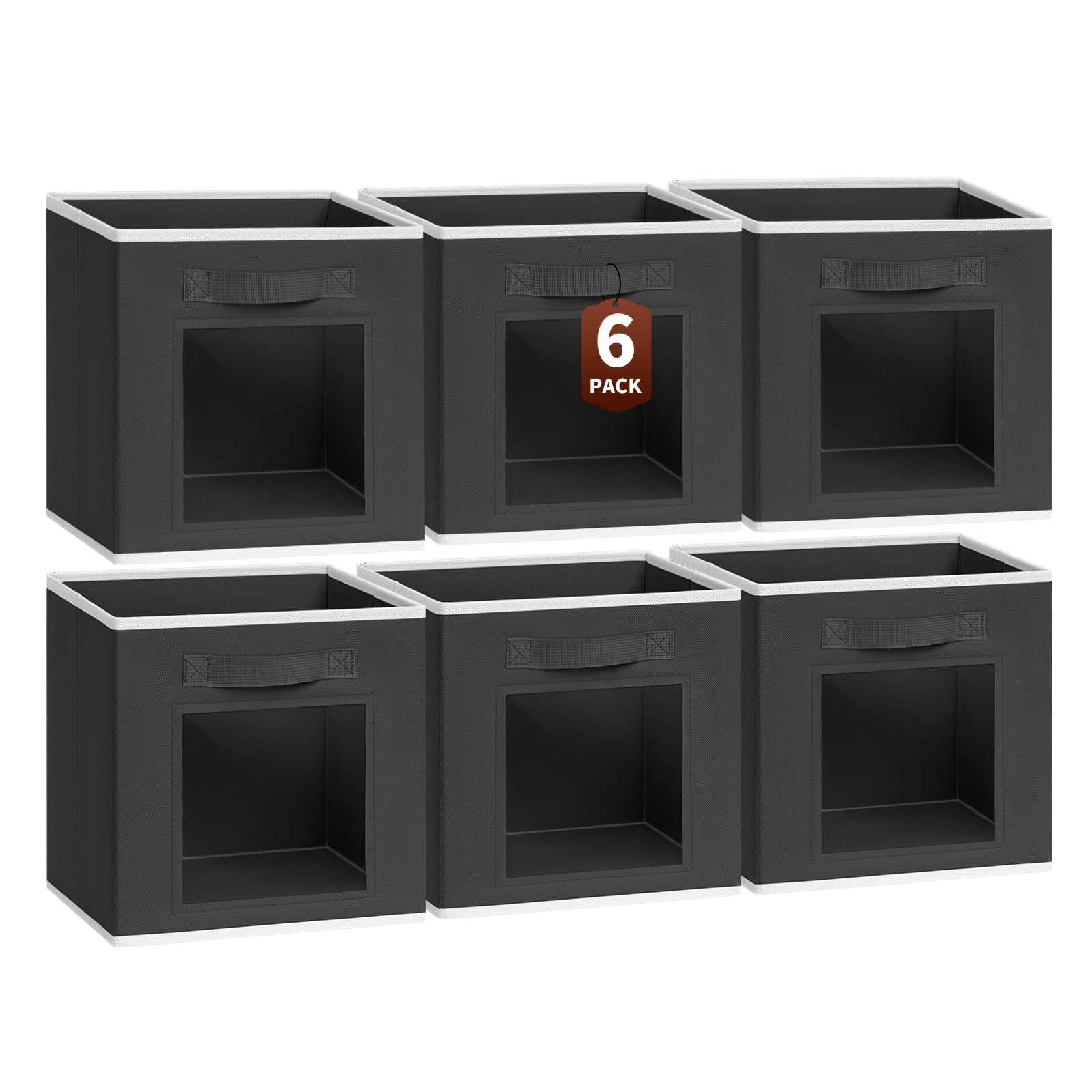 Cube Storage Bins - Fabric Shelves for Closet Organization, Foldable Storage Bins for Clothes, Decorative Storage Baskets with Window for Home, Set of 6, Black