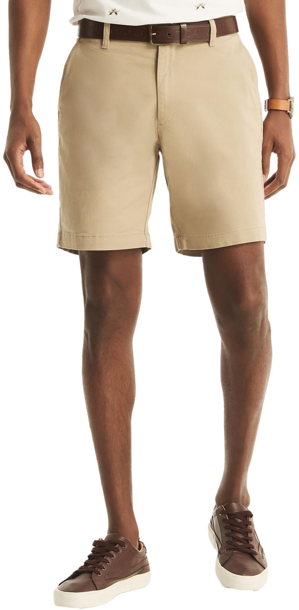 Nautica Men's Classic Fit Flat Front Stretch Solid Chino 8.5" Deck Shorts, Beige Khaki, 38