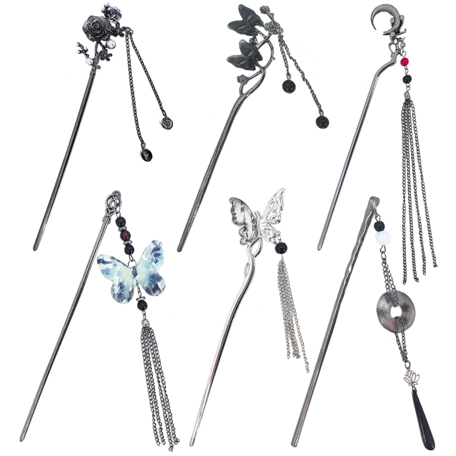 6 Pcs Chinese Hair Sticks For Buns Vintage Tassel Moon Butterfly Flower Decorative Hair Stick Pin Hair Chopsticks Metal Chinese Hair Pins Horse Face Skirt Qipao Hanfu Asian Hair Accessories For Women
