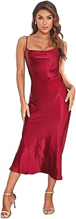 Women's Spaghetti Strap Midi Satin Silk Dresses Slip Cowl Neck Party Cocktail Evening Sexy Dress - Buy now