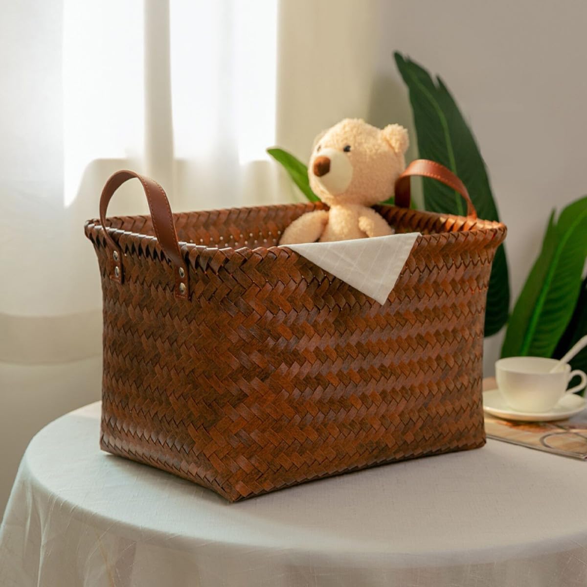 Generic Large Woven Dirty Clothes Hamper with Faux Rattan Design and Leather Handles, Multipurpose Laundry Basket for Bedroom Storage and Organization, 38x26x24cm