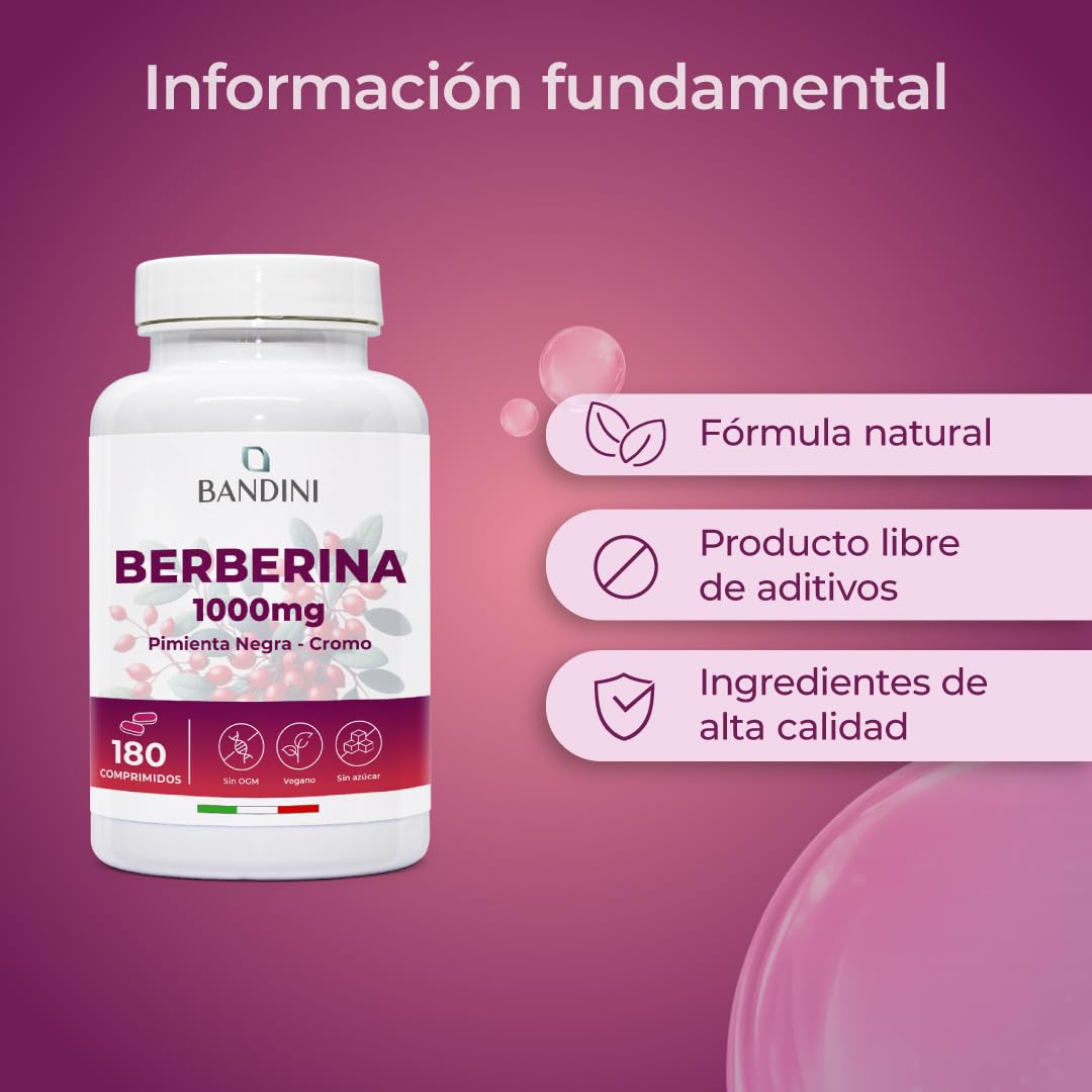 Bandini® Berberina 1000mg pura alta dosificación | 180 comprimidos veganos - Berberina HCl de Berberis Aristata 97% + Cromo y Pimienta Negra | Máxima absorción - Función digestiva, hepática, intestina