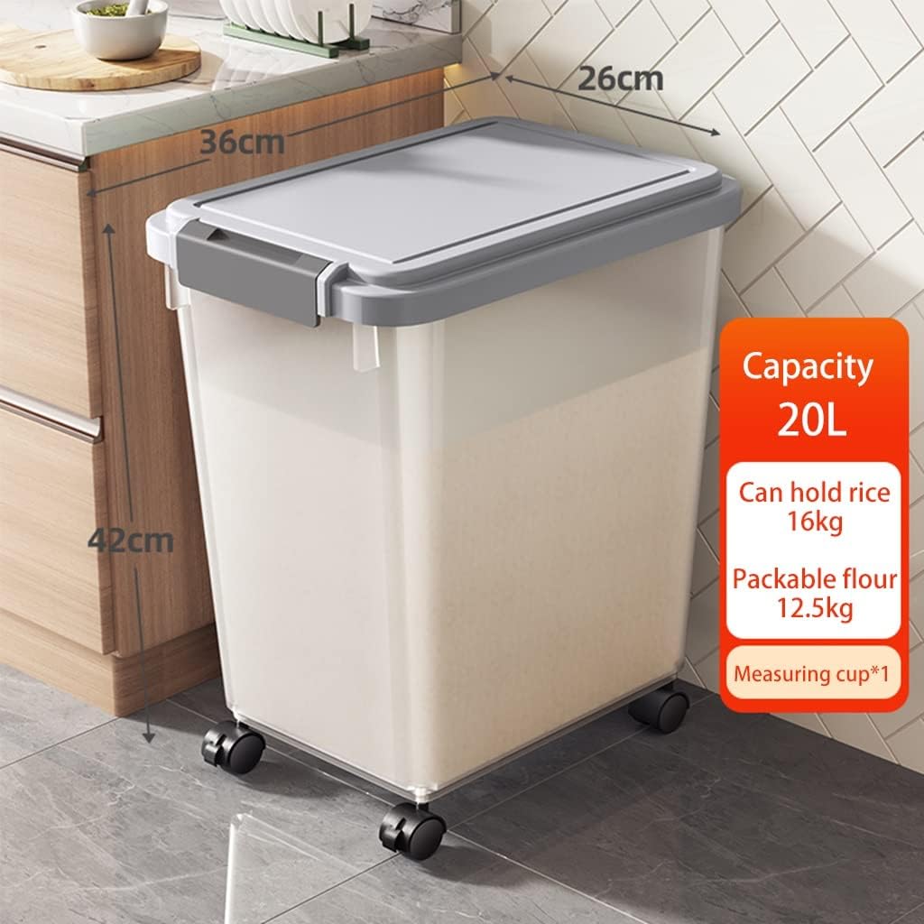 Rice Storage Container, 20L/40L Seal Flour Dispenser with Wheels, Flip Cover Rice Bucket,for Cereal, Grain, Flour, Rice, Nuts, Beans, Pet Food,Toys, Snack Storage (Grey Capacity 20L)