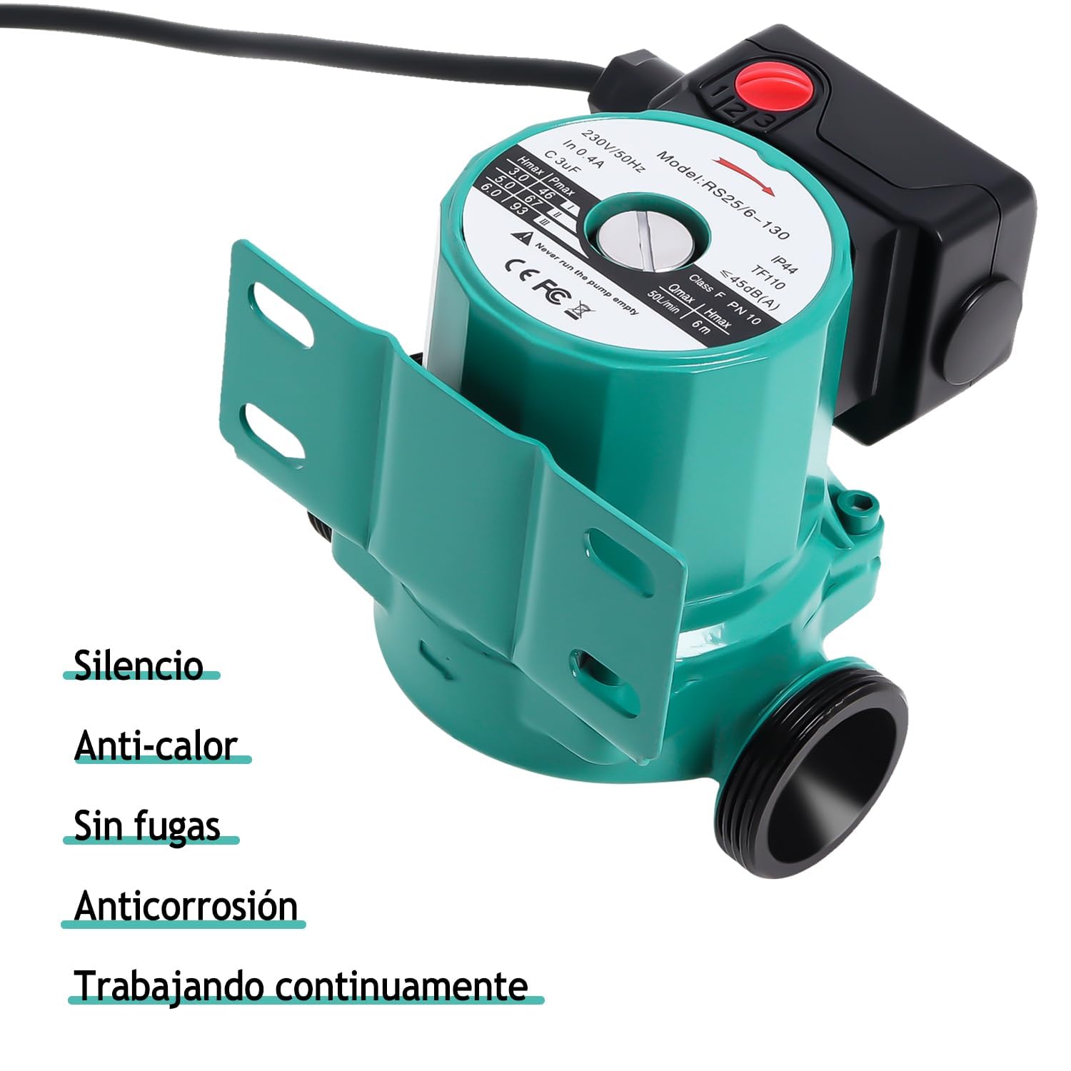 Bomba de Circulación de Agua Caliente RS25/6-130, RS25/6-1½" Bomba de Agua de Trasvase Doméstico, 46/67/93W Bomba de Refuerzo de Presión Poweka