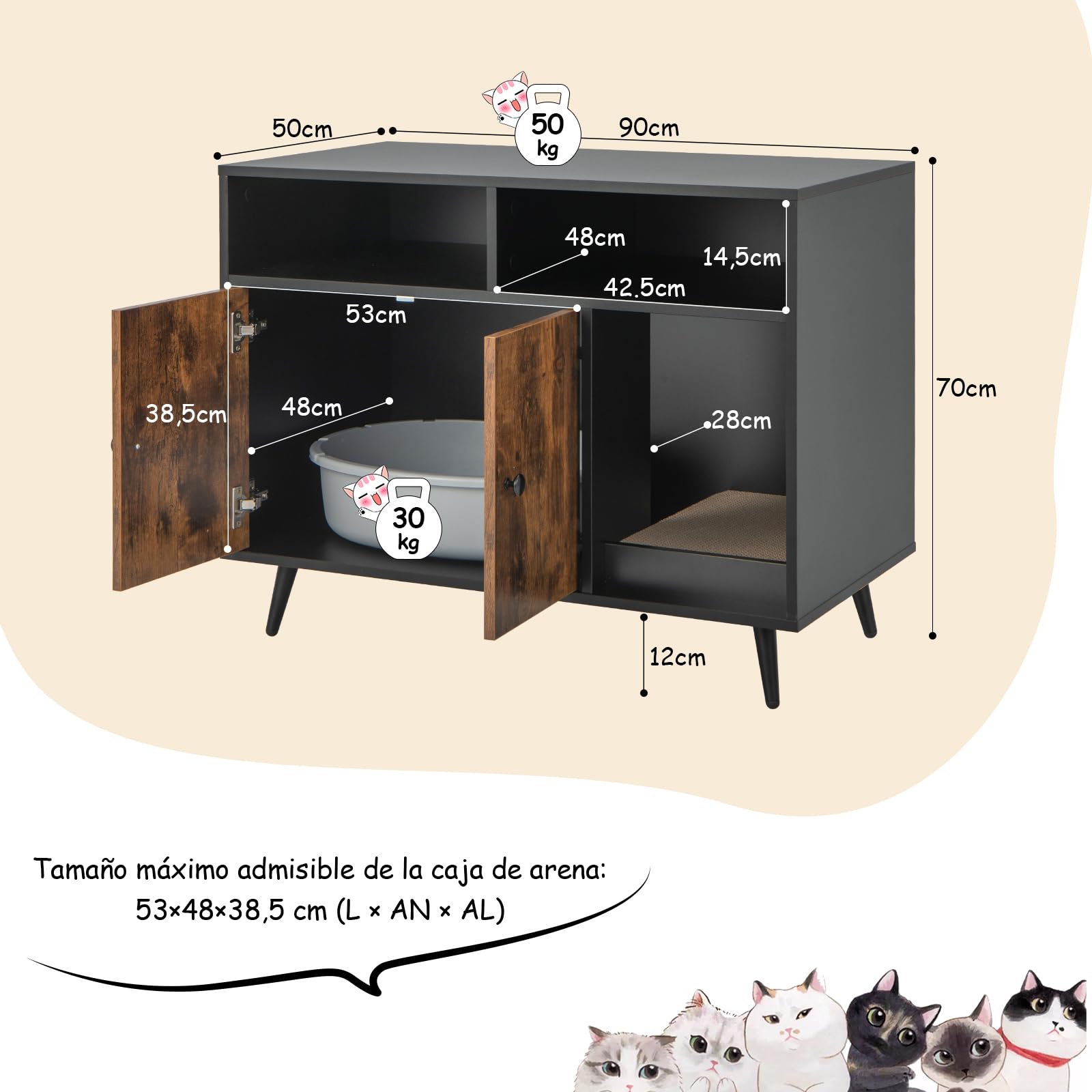 GOPLUS Caja de Arena para Gatos, Mueble Arenero Escondido con Doble Puerta, Compartimentos y Tablero Rasca, Casa de Mascotas de Interior, Lavabo Oculto para Gatos, Estilo Industrial, 90 x 50 x 70 cm